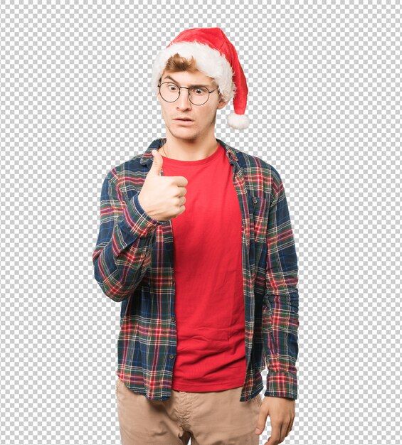 Joven en Navidad haciendo gestos