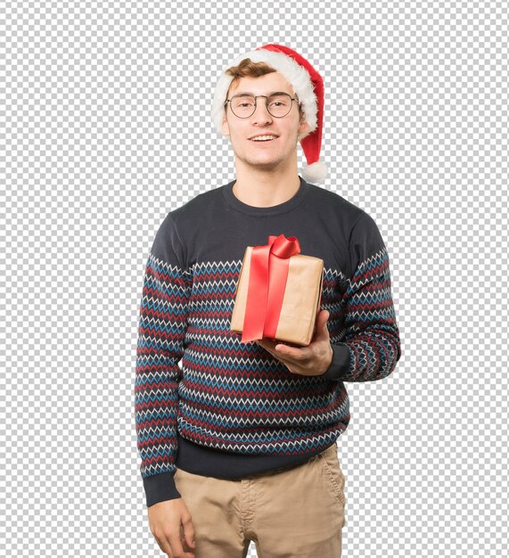 Joven en Navidad haciendo gestos