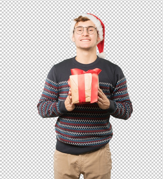 Joven en Navidad haciendo gestos