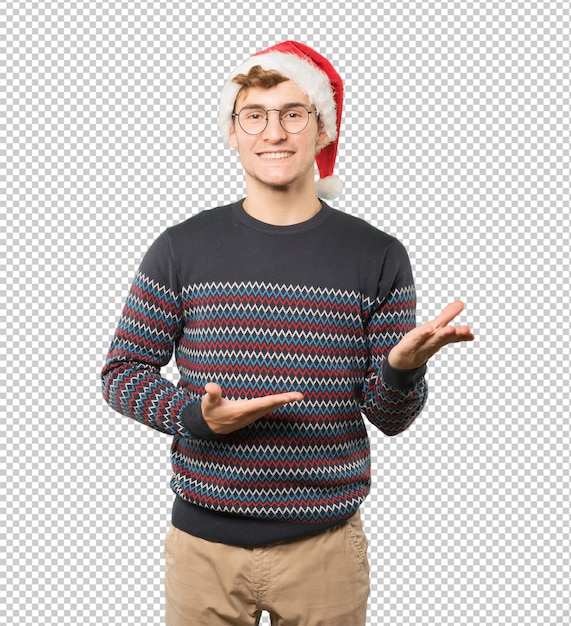Joven en Navidad haciendo gestos