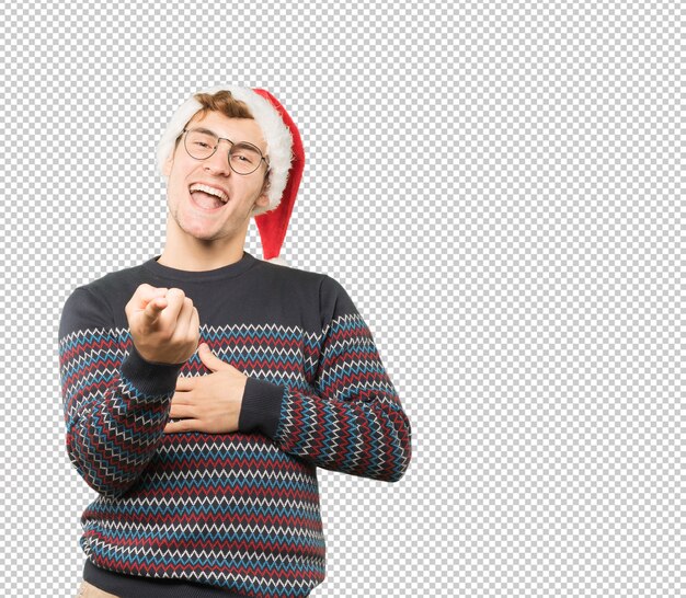 Joven en Navidad haciendo gestos