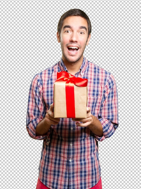 Joven de navidad sujetando un regalo