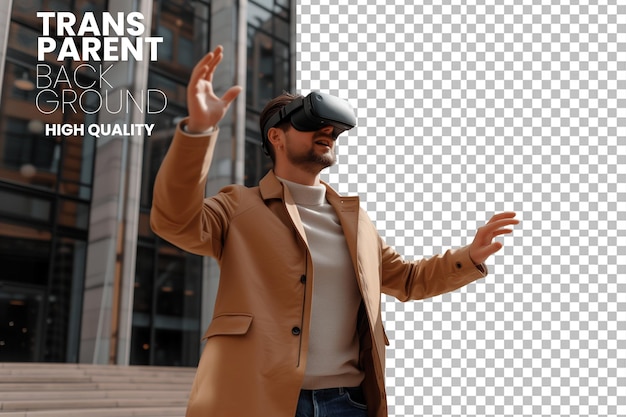 Un joven de negocios muy emocionado usando gafas Apple Vision Pro VR archivo Png