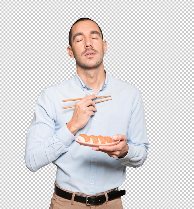 PSD joven con palillos para comer sushi