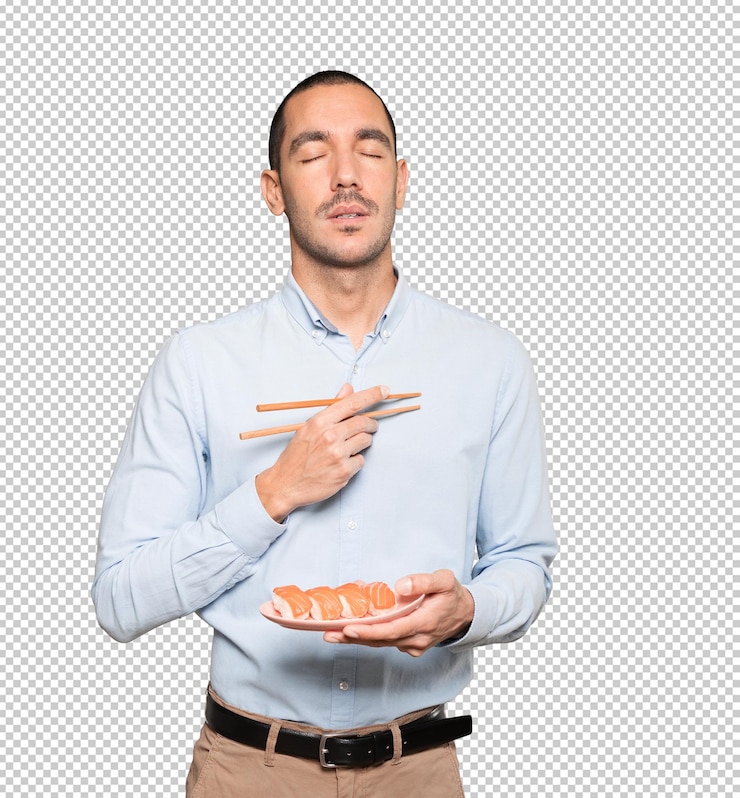PSD joven con palillos para comer sushi