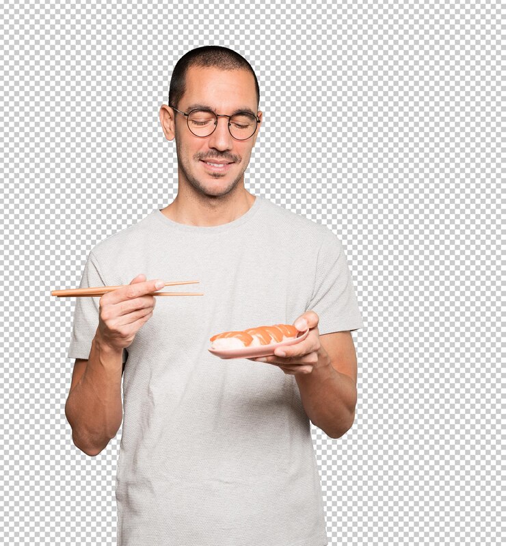 PSD joven con palillos para comer sushi