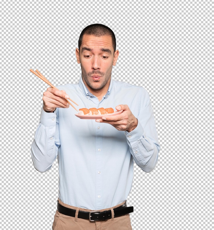 PSD joven con palillos para comer sushi