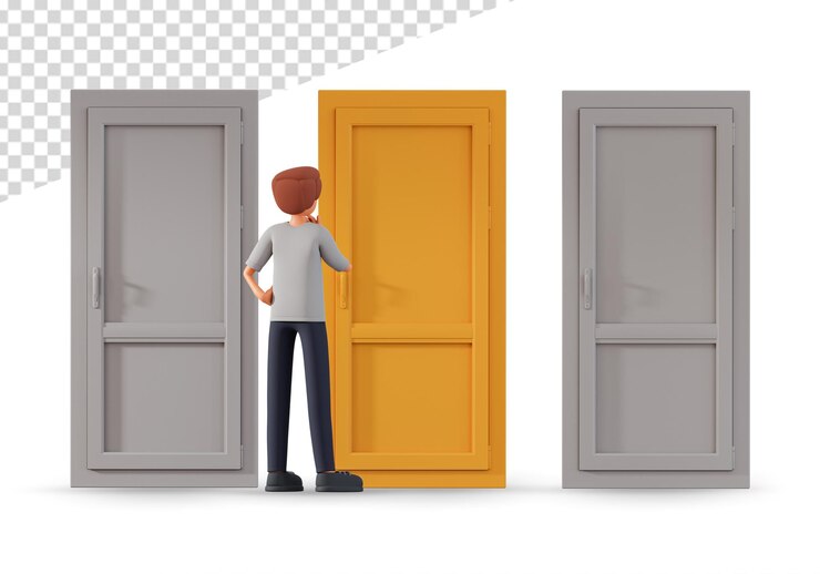PSD joven parado frente a tres puertas cerradas ilustración 3d