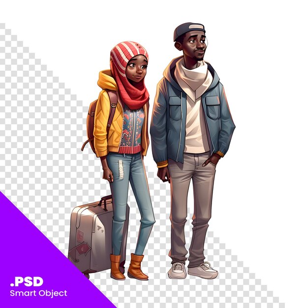 PSD joven pareja afroamericana con maletas ilustración vectorial plantilla psd