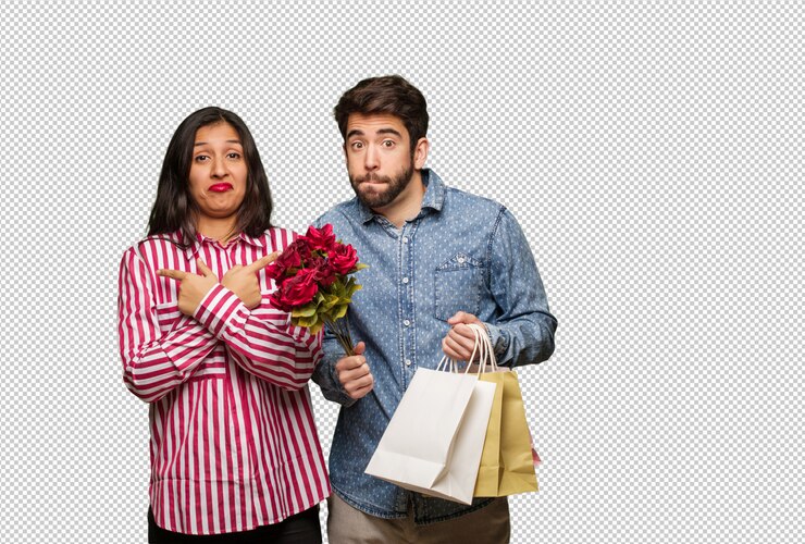 PSD joven pareja en el día de san valentín decide entre dos opciones