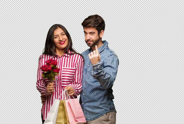 PSD joven pareja en el día de san valentín invitando a venir