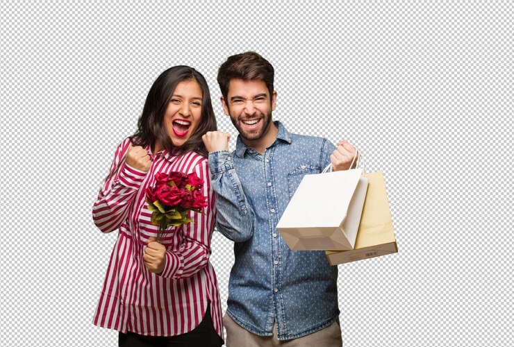PSD joven pareja en el día de san valentín sorprendido y conmocionado