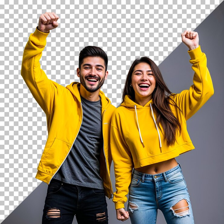 PSD una joven pareja feliz celebrando la victoria en un fondo transparente