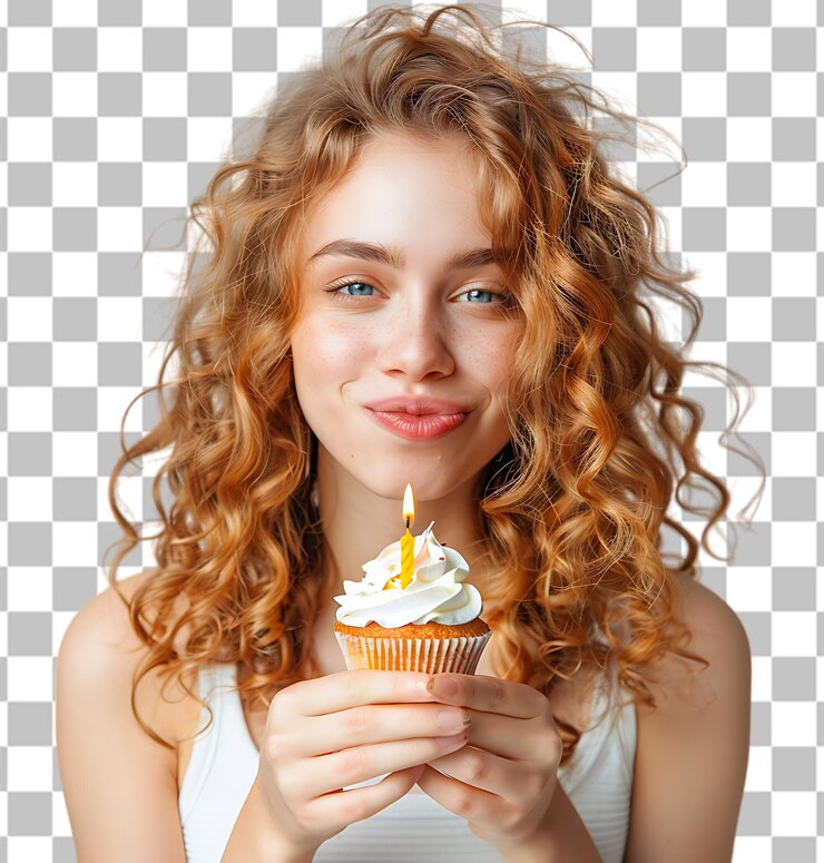 PSD joven con pastel de cumpleaños con cabello rizado en un fondo transparente
