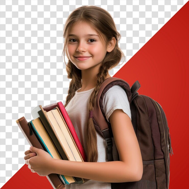 PSD una joven de png, una estudiante de mochila, sonriendo.
