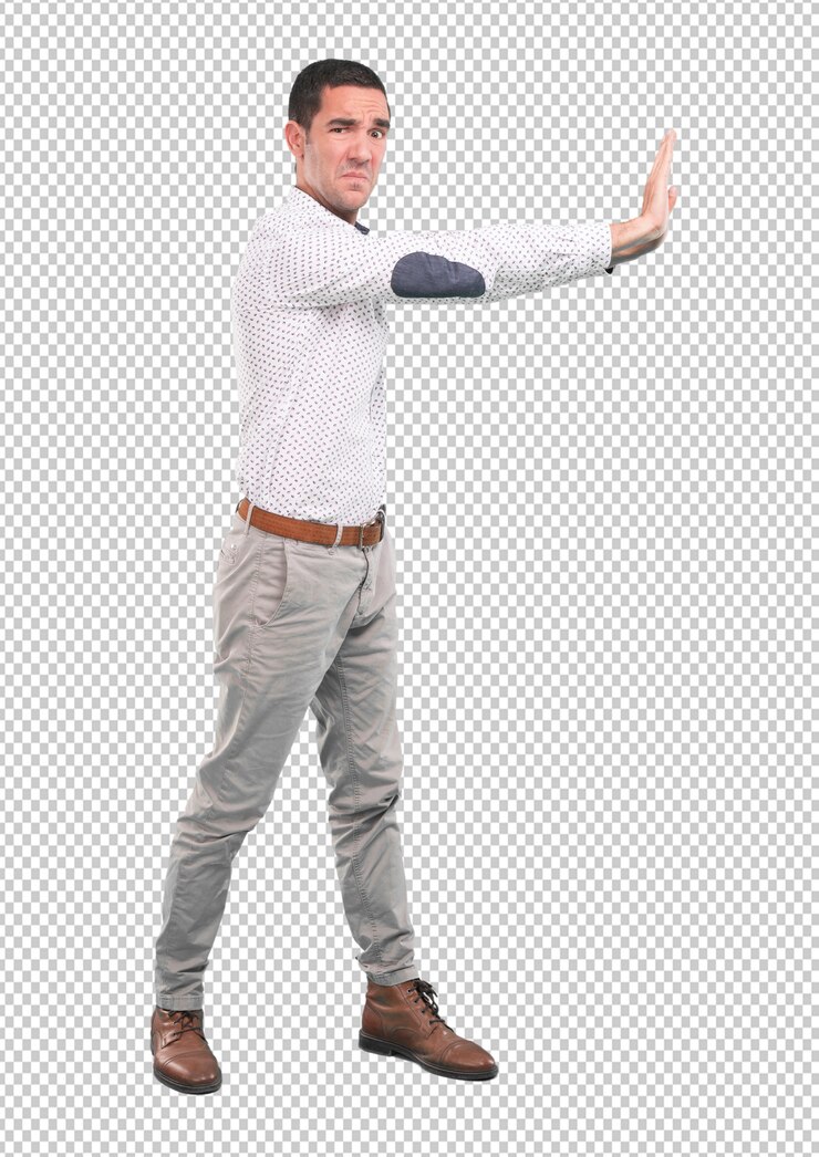 PSD joven preocupado con un gesto de espera - full body shot