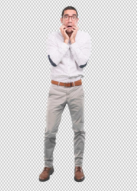 Joven preocupado con un gesto de susto - Full body shot