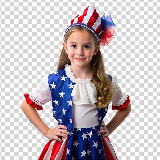 PSD una joven que lleva con orgullo un disfraz de bandera estadounidense aislado en un fondo transparente