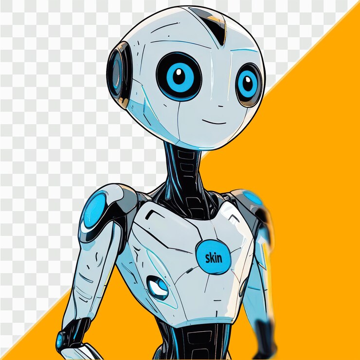 PSD joven robot humanoide con ojos expresivos diseño moderno elegante construcción delgada y luz led azul sutil