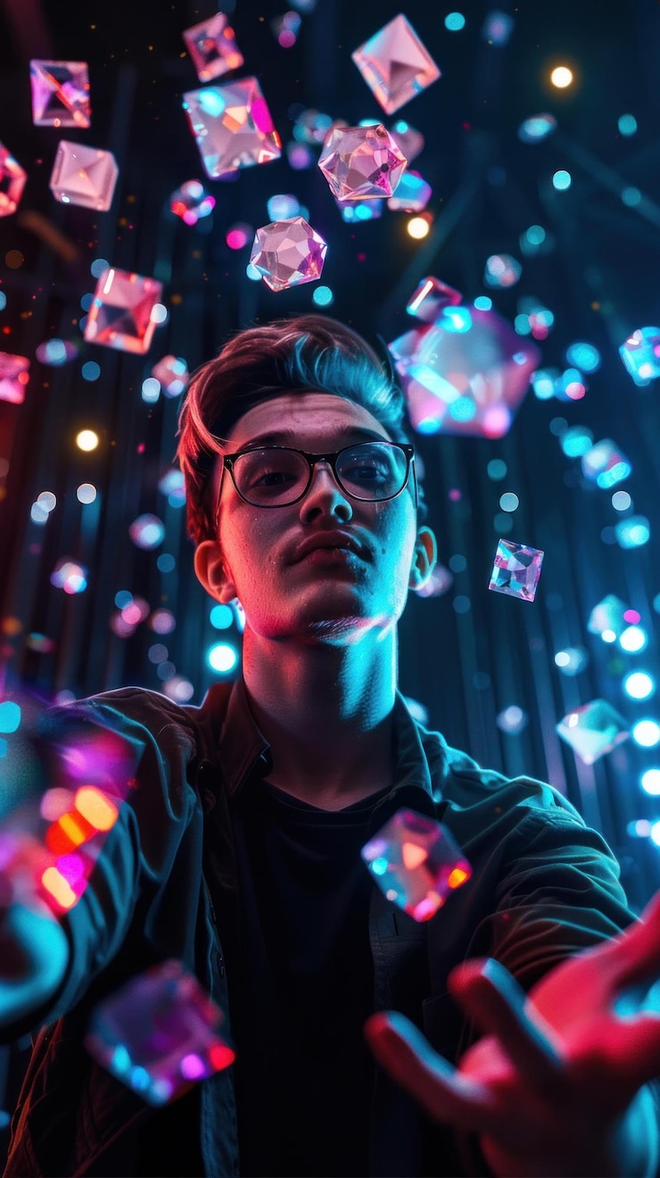 PSD joven rodeado de coloridas formas geométricas brillantes