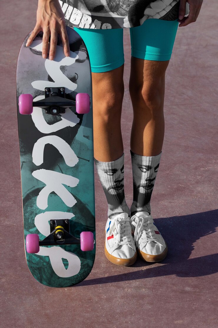 PSD joven con ropa fresca sosteniendo patineta afuera