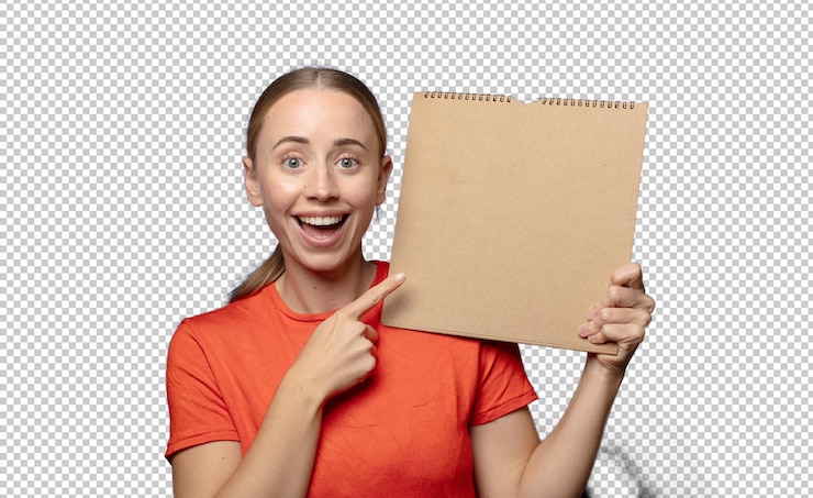 PSD una joven rubia con un cuaderno en blanco