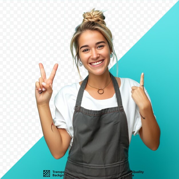 PSD joven rubia uruguaya cocinera aislada sobre fondo azul aislado sonriendo y mostrando el signo de la victoria