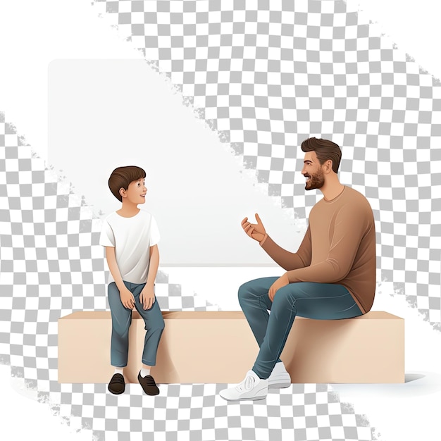 PSD un joven sentado en un panel en blanco y hablando con un niño aislado en un fondo transparente