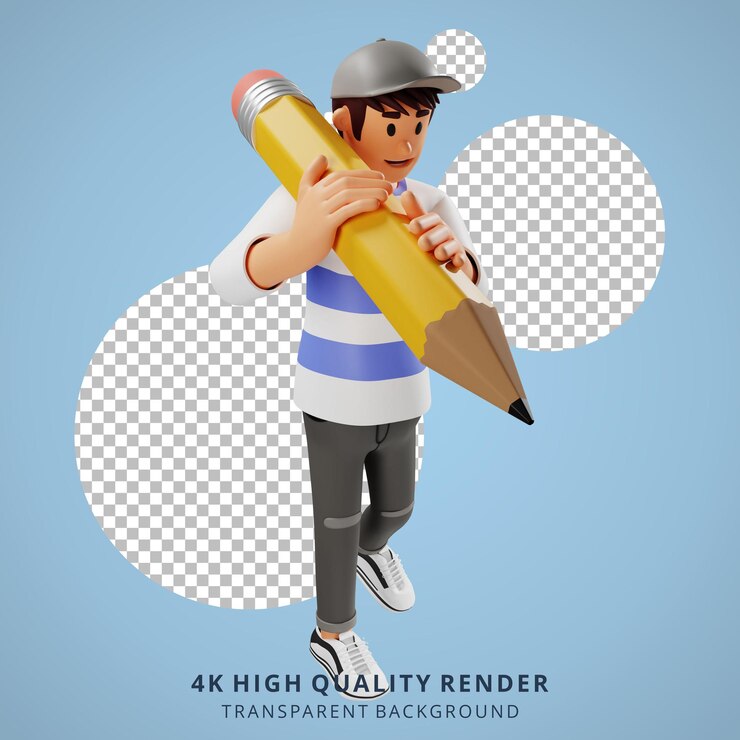 PSD el joven del sombrero está caminando con una ilustración de personaje 3d de lápiz gigante