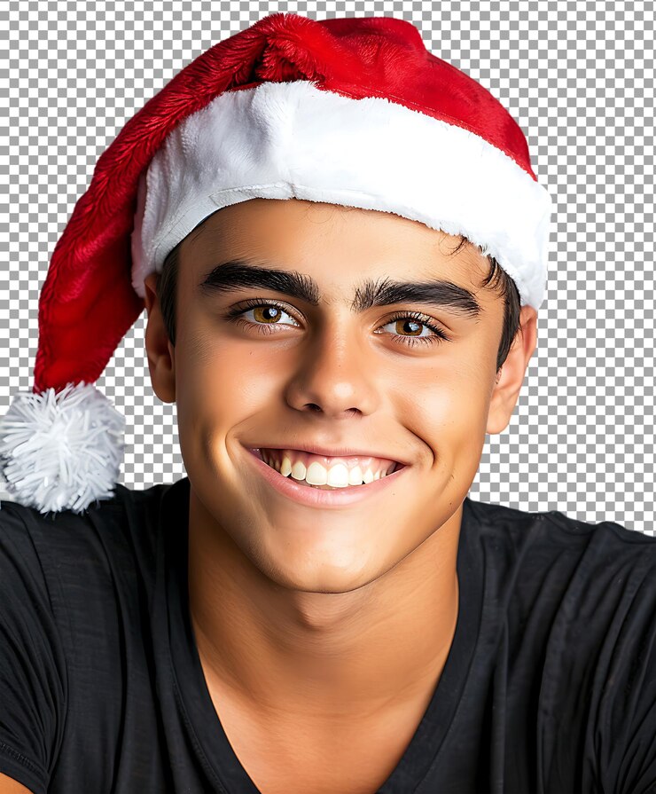 PSD joven con sombrero de papá noel aislado en un fondo transparente