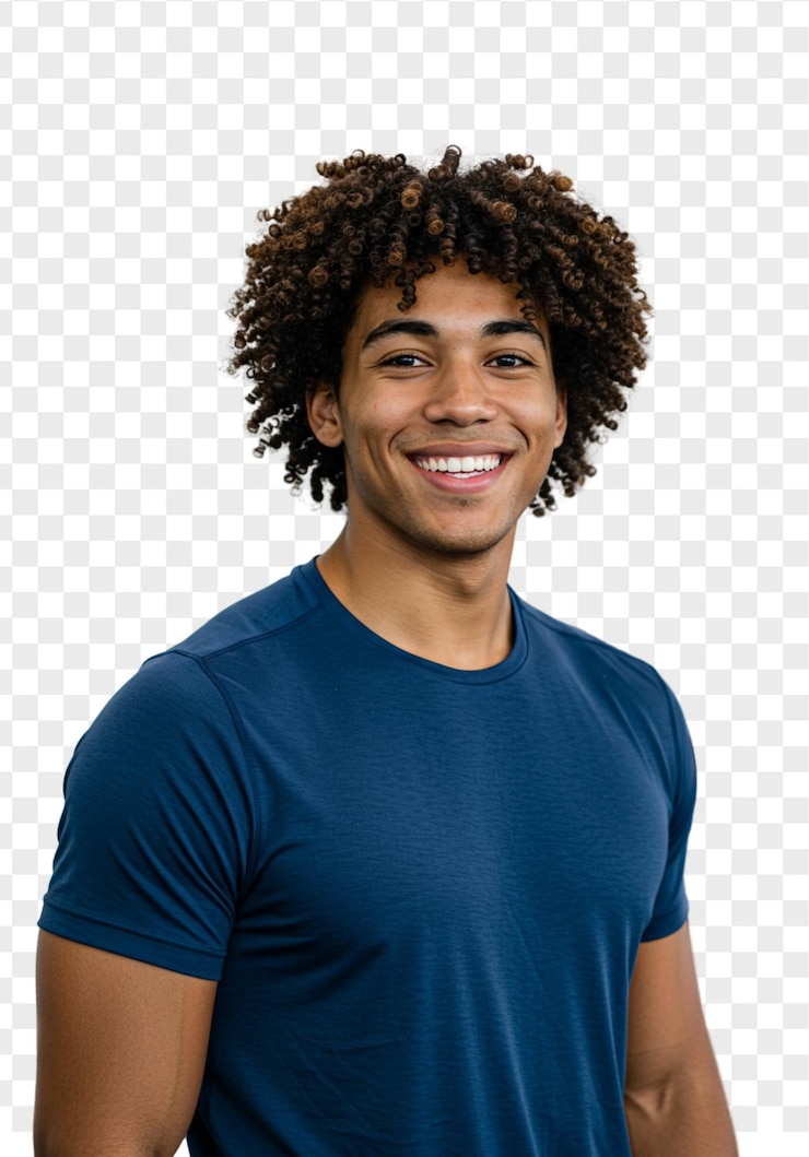PSD joven sonriente con el cabello rizado en camisa azul