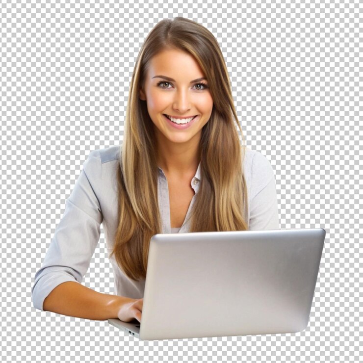 PSD joven sonriente mujer segura usando computadora portátil