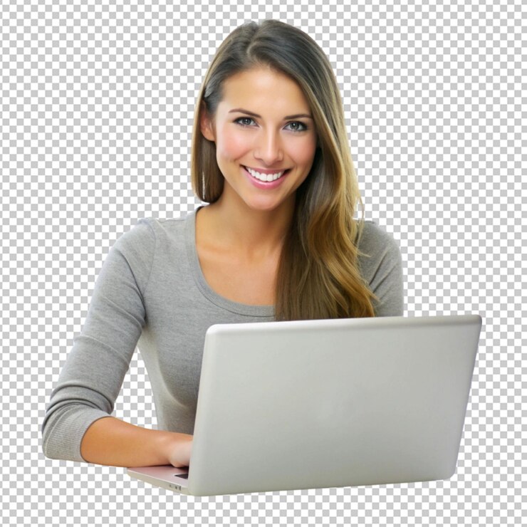 PSD joven sonriente mujer segura usando computadora portátil
