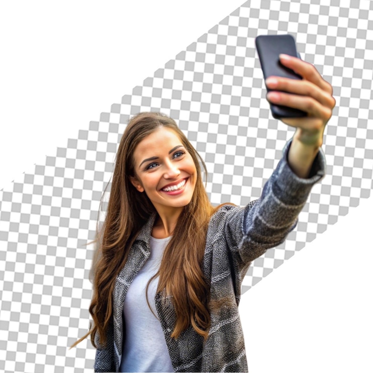 PSD una joven sonriente tomando una foto selfie en su teléfono inteligente aislada sobre una pared gris