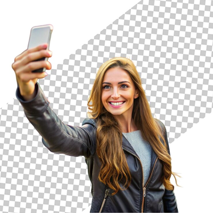 PSD una joven sonriente tomando una foto selfie en su teléfono inteligente aislada sobre una pared gris