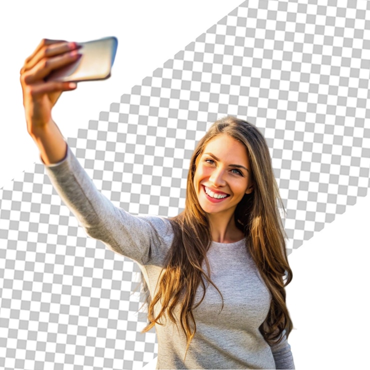 PSD una joven sonriente tomando una foto selfie en su teléfono inteligente aislada sobre una pared gris