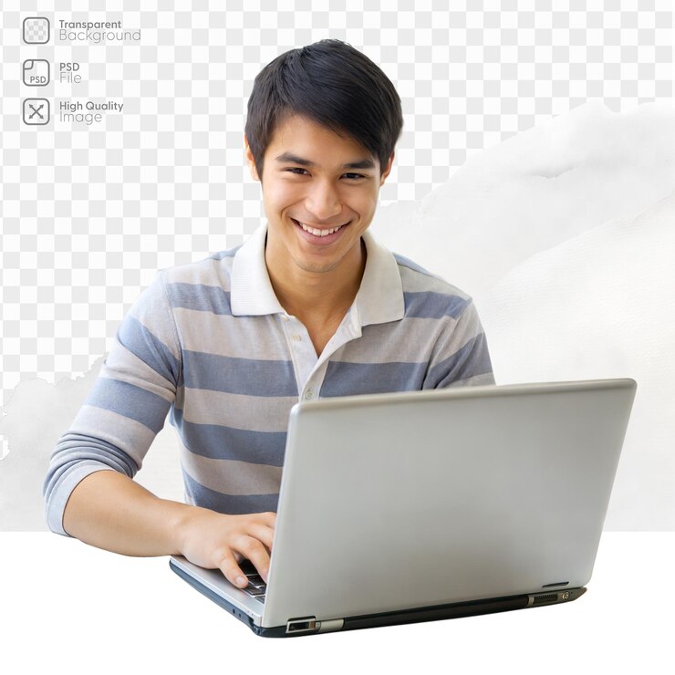PSD un joven sonriente trabajando en una computadora portátil con una camisa a rayas