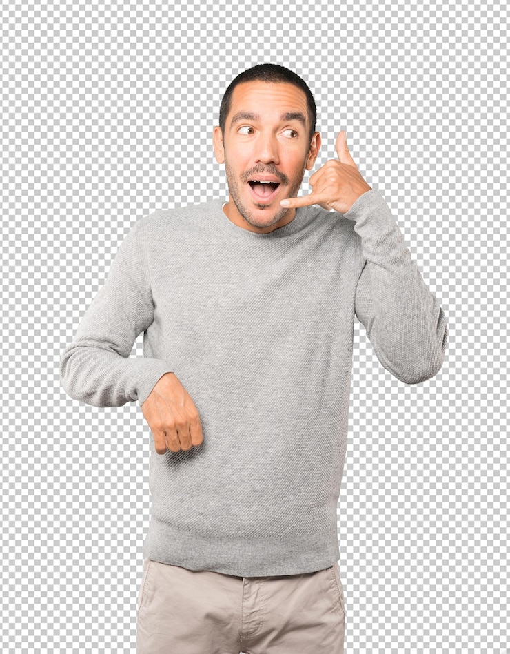 PSD joven sorprendido haciendo un gesto de llamar con la mano