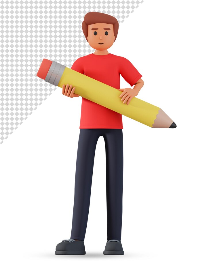 PSD joven sostenga la ilustración 3d de lápiz grande