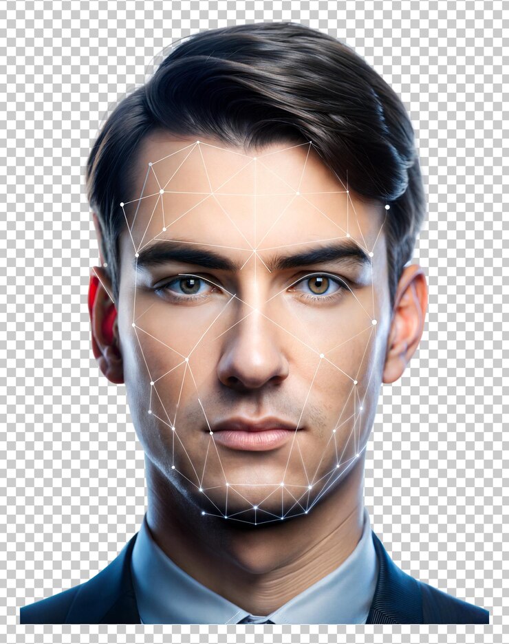 PSD joven con una superposición de cara futurista aislada en un fondo transparente