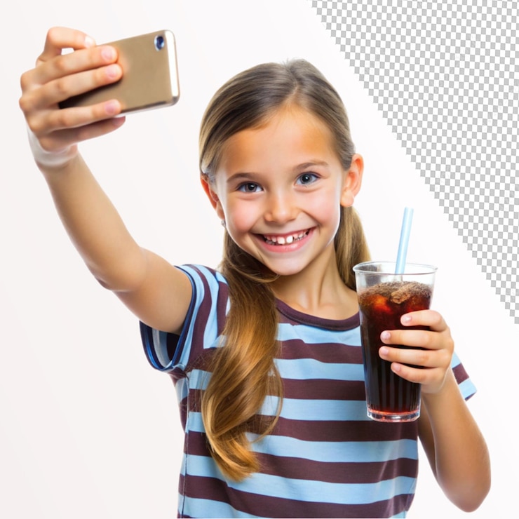 PSD joven tomando una foto de sí misma bebiendo en un fondo transparente