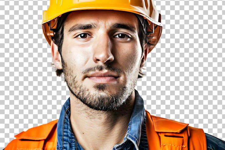 PSD un joven trabajador de la construcción aislado en un fondo transparente