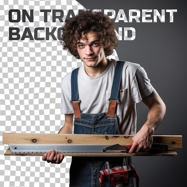 PSD joven trabajador rizado trabaja con una sierra de metal y tabla fondo gris isolado en fondo transparente