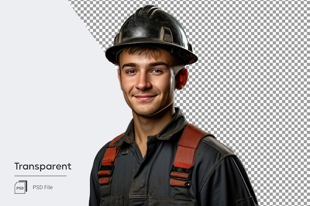 Joven trabajador en uniforme con casco duro que representa a la fuerza de trabajo dedicada y a la industria