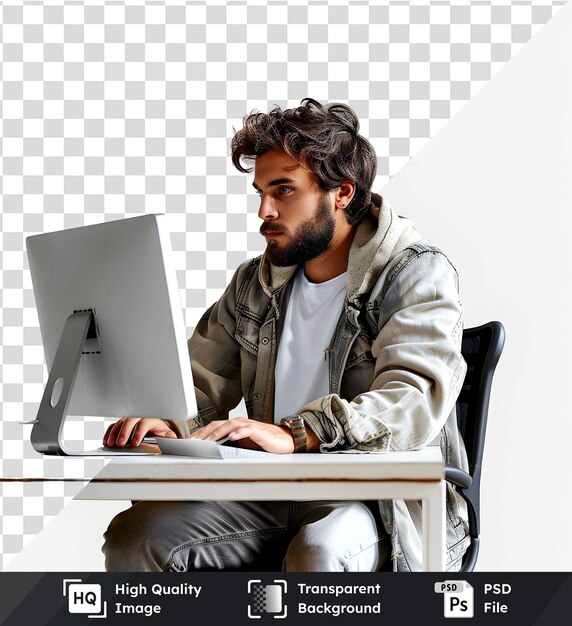 Joven trabajando en la computadora Imagen transparente de un individuo enfocado en la productividad del escritorio y