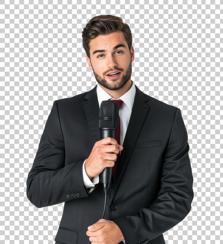 PSD joven en traje sosteniendo un micrófono aislado sobre un fondo transparente