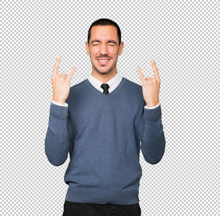 PSD joven travieso haciendo un gesto de rock