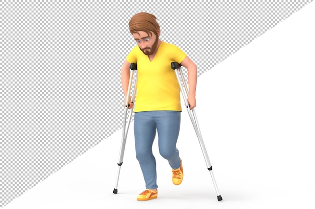 PSD joven triste con muletas ilustración en 3d