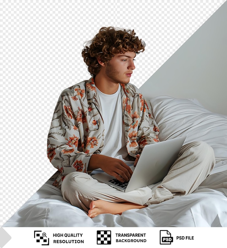 PSD un joven único de cabello rizado sentado en una cama con una computadora portátil rodeado de almohadas blancas y una pared blanca con una camisa blanca y pantalones caqui con un pie desnudo visible png