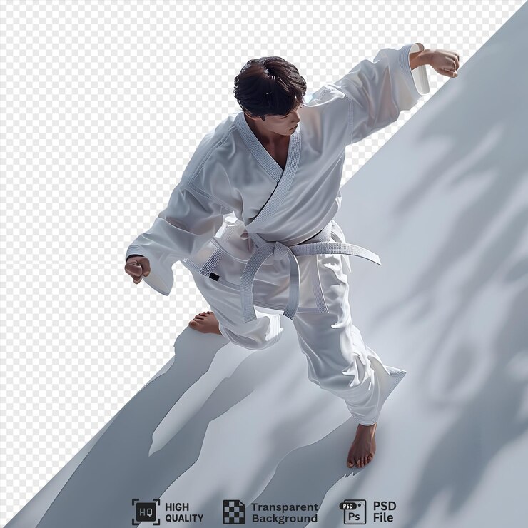Un joven con un uniforme blanco de karate realiza un movimiento de artes marciales con un cinturón blanco contra un fondo blanco con sombras aisladas en un fondo transparente